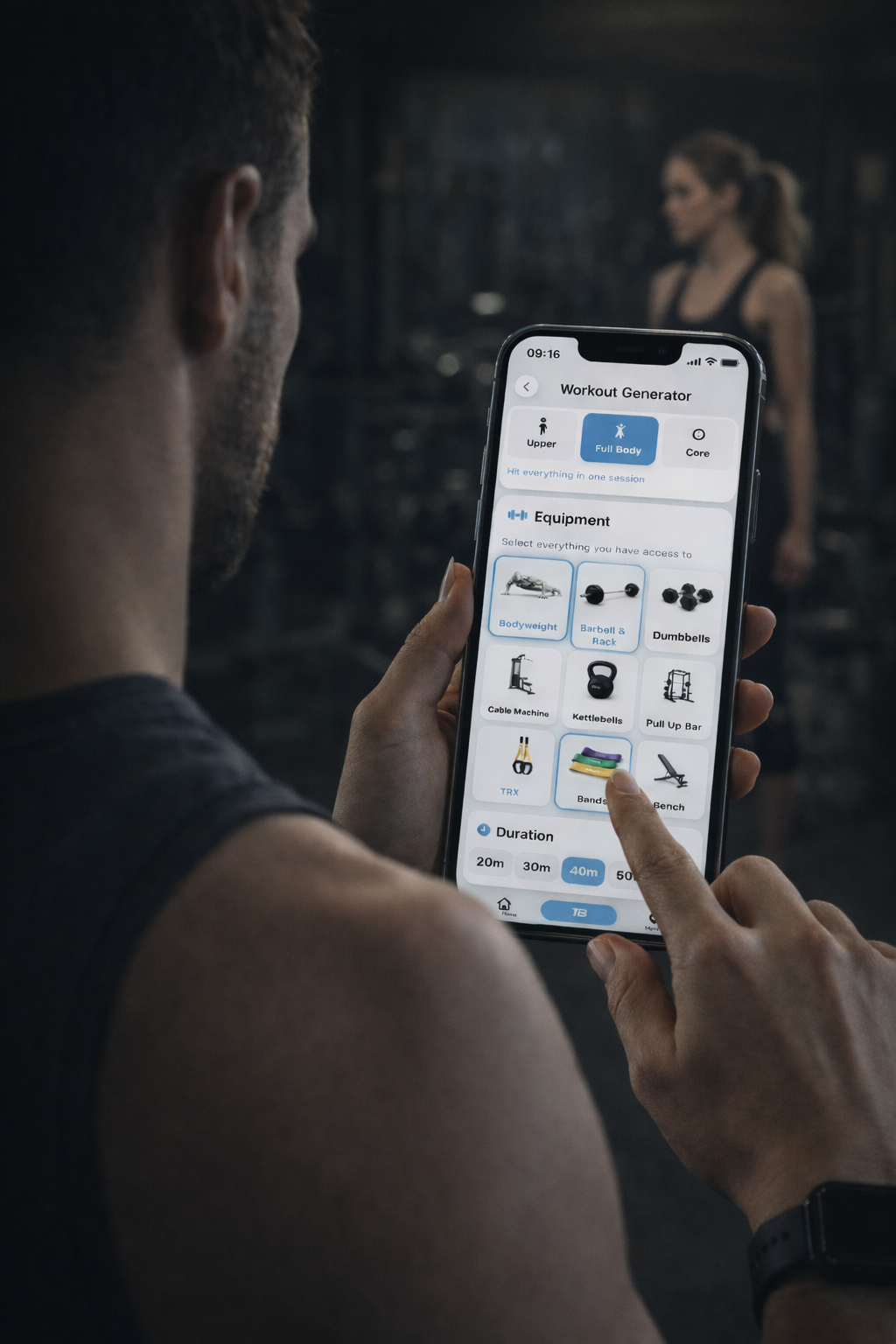 Athlete using TotalBodyIQ workout generator on iPhone
