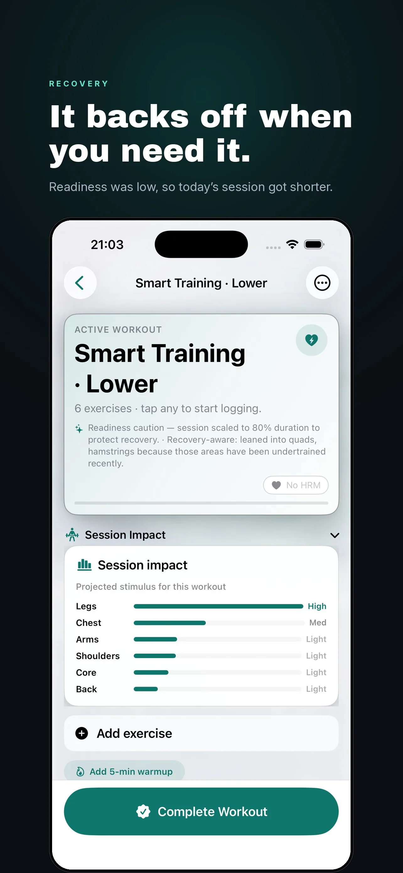 Smart Training Lower session with a readiness caution note and a projected session impact chart