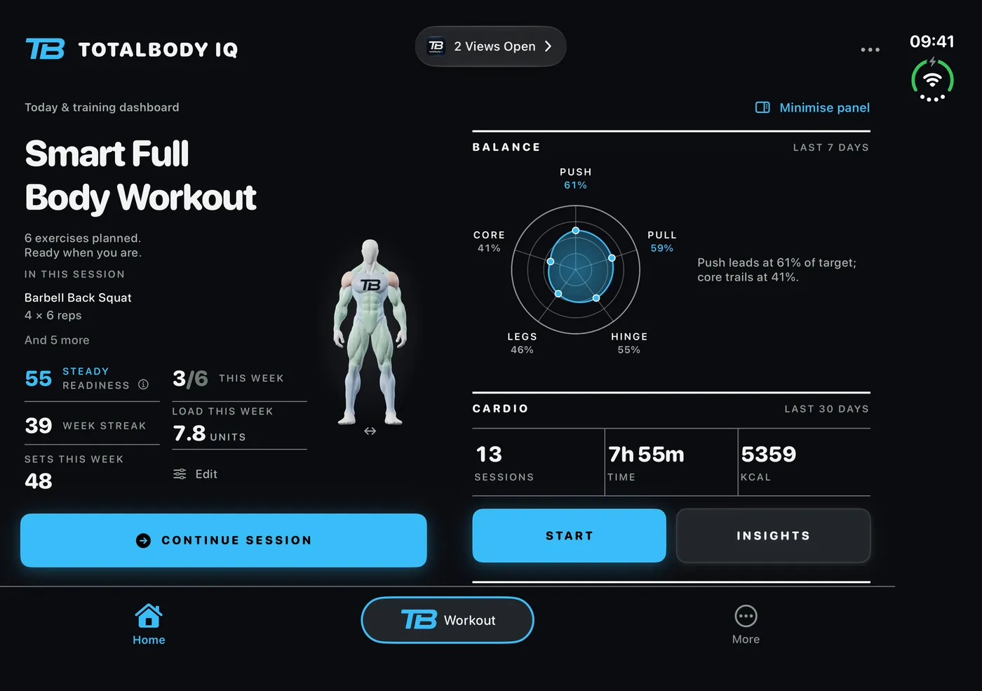 TotalBodyIQ dashboard: today’s workout and weekly numbers beside muscle balance and cardio.