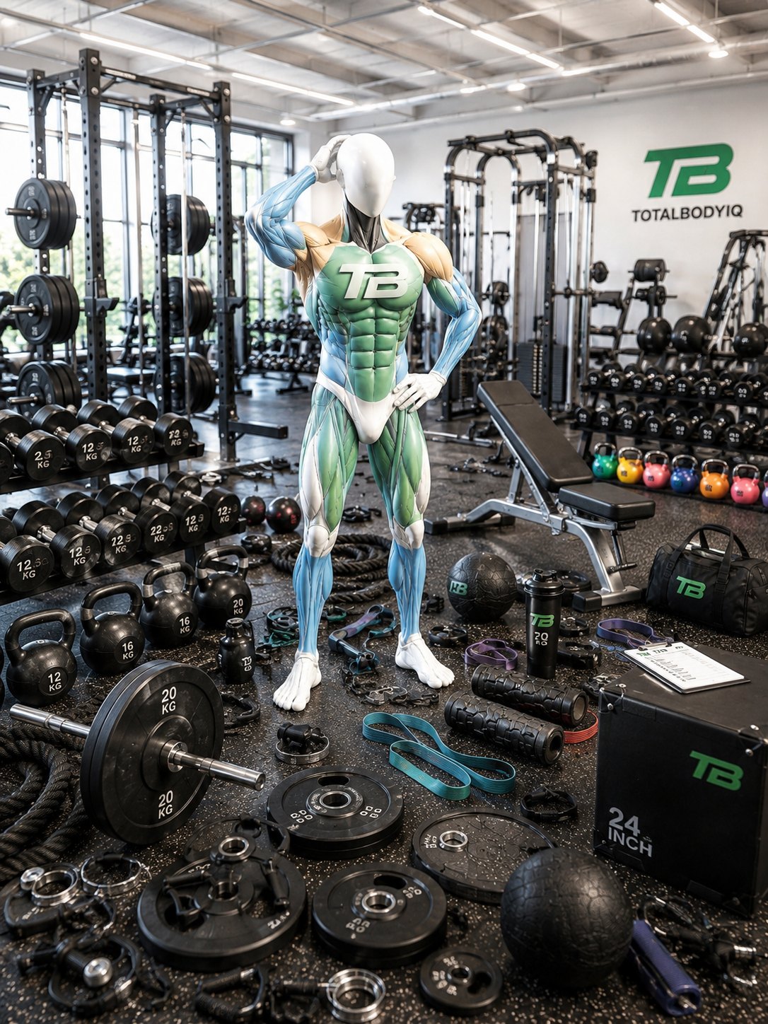 The TotalBodyIQ figure standing among barbells, kettlebells, plates, bands and a bench in a bright gym