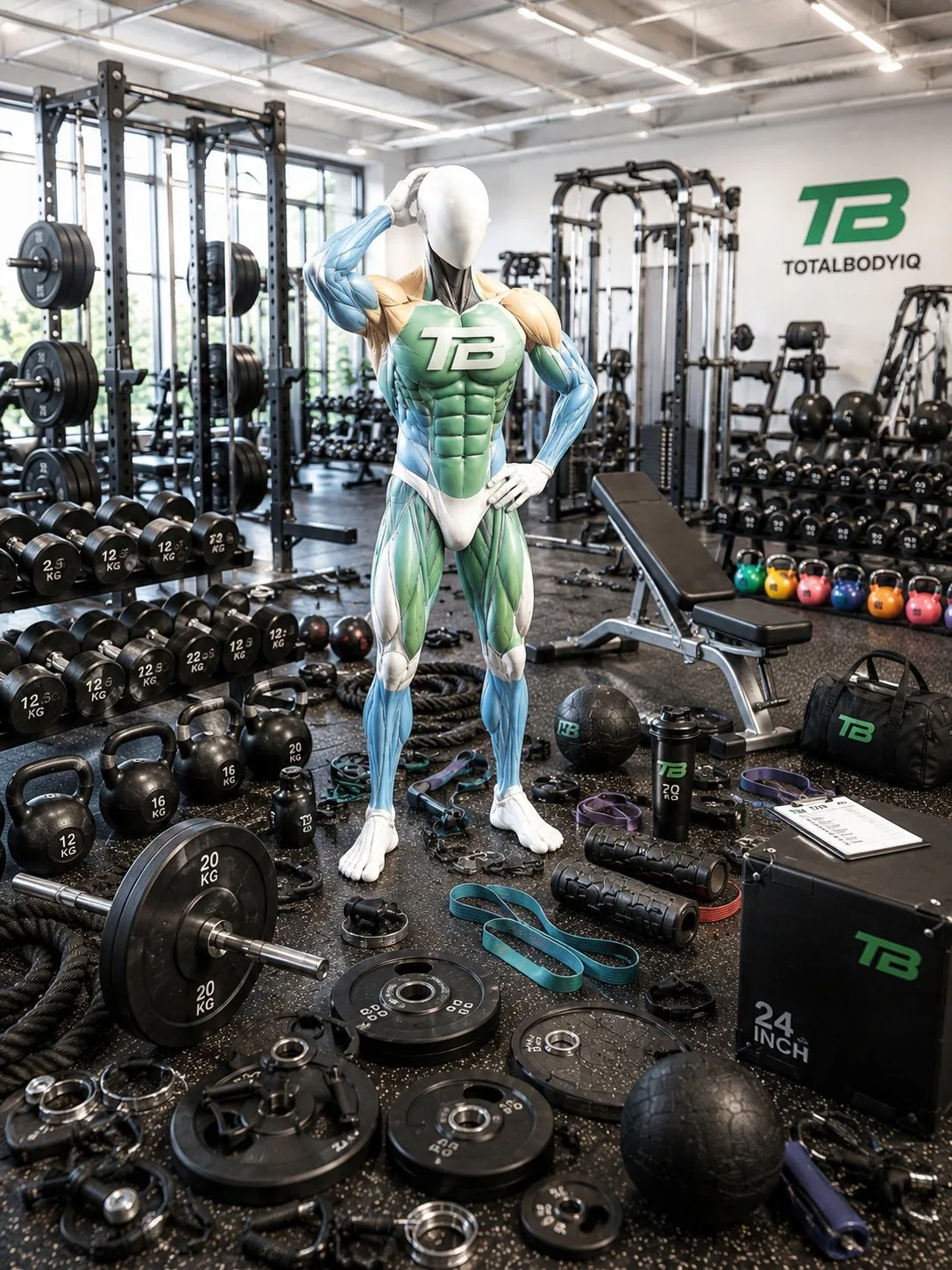 The TotalBodyIQ figure standing among barbells, kettlebells, plates, bands and a bench in a bright gym