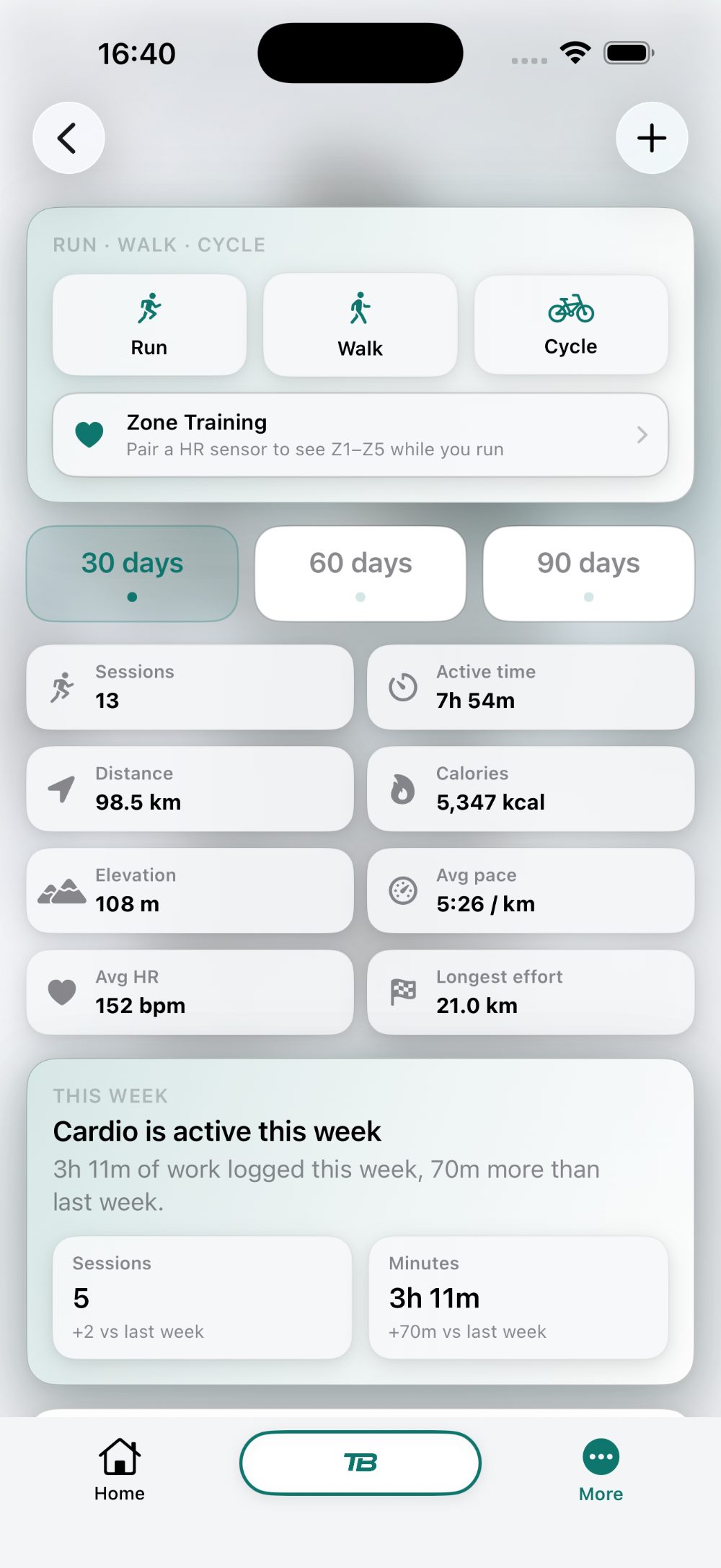 TotalBodyIQ last seven days list: Upper Push, Cycling, a 7.40 km run, Padel, Lower Posterior, a 4.40 km run, Lower Squat and Rowing