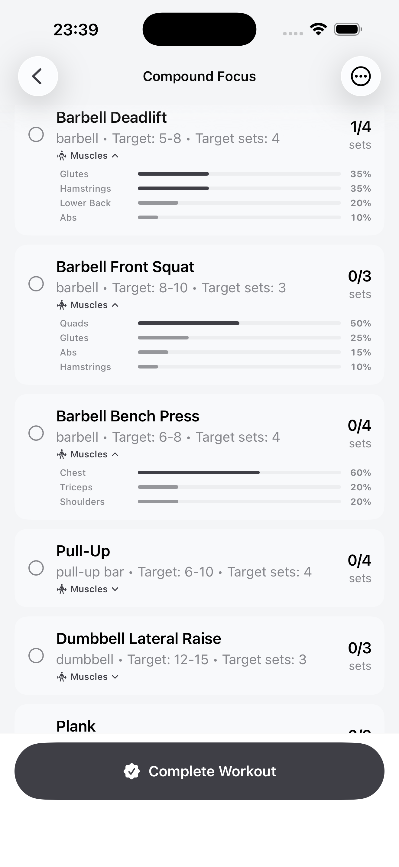 Exercise library with muscle group breakdowns