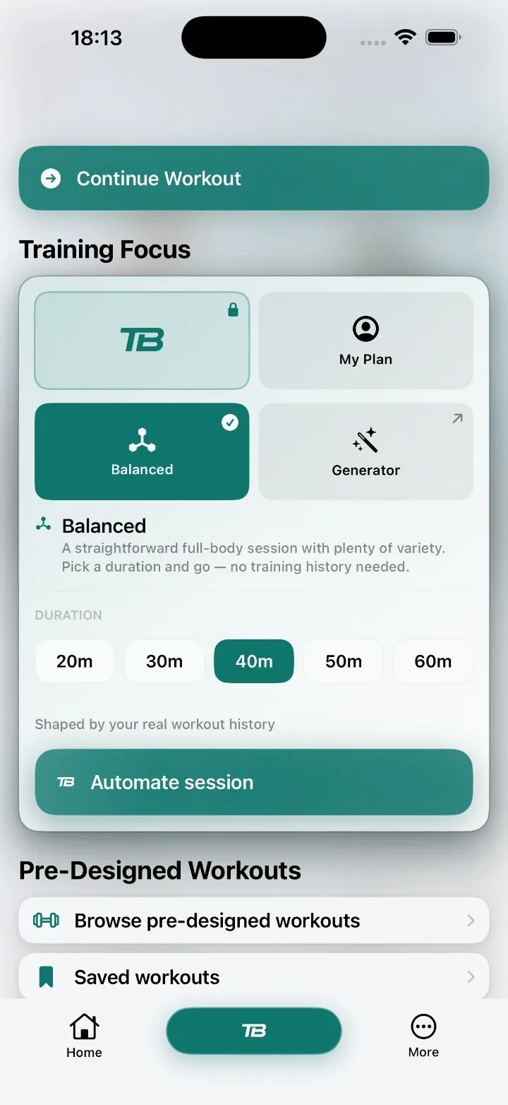 Training Focus screen with Balanced selected, a 40 minute duration and an Automate session button