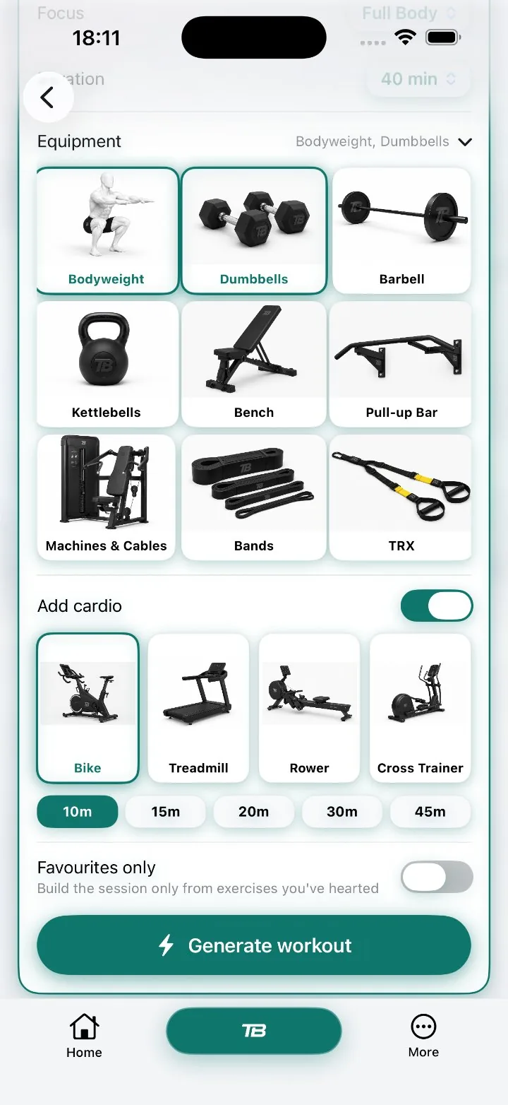 Equipment screen with bodyweight and dumbbells selected, cardio on, and a Generate workout button