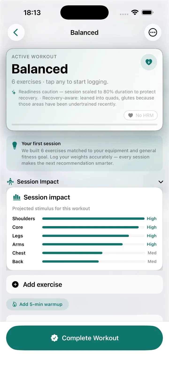 A generated Balanced session of six exercises with a readiness caution and a projected session impact chart