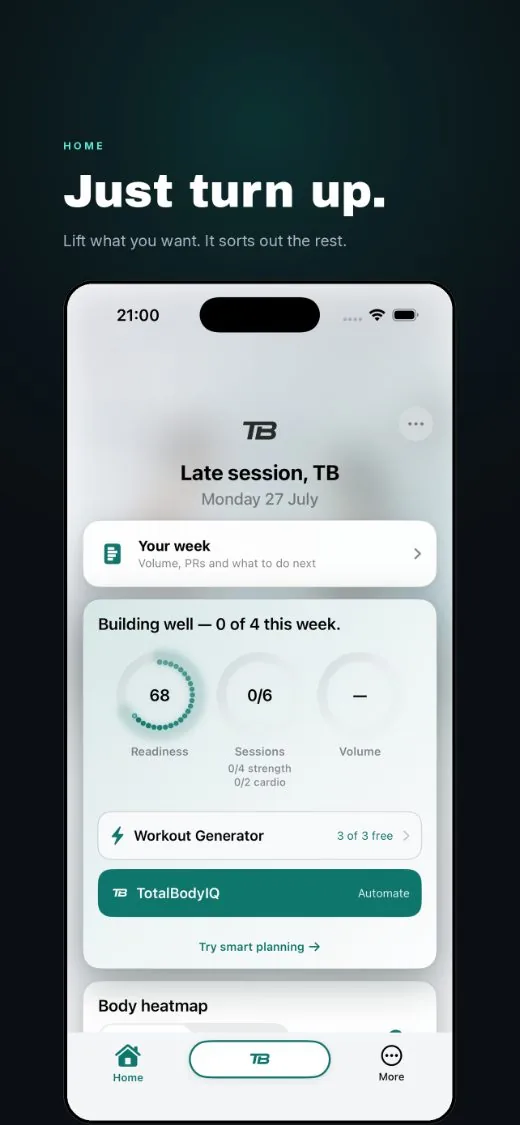Just turn up, the home screen with readiness, sessions and volume