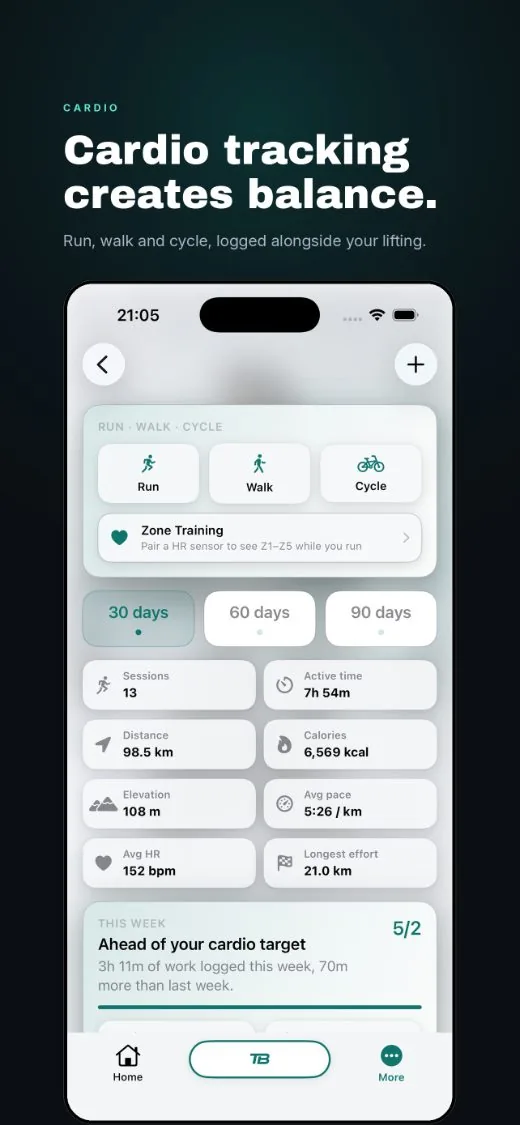 Cardio tracking creates balance, run, walk and cycle