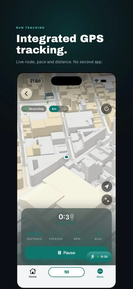 Integrated GPS tracking, live route, pace and distance